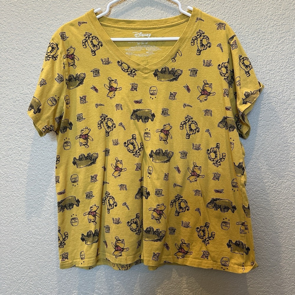 Disney Winnie The Pooh Tee T-Shirt Women's 2x Yellow Allover Print Tigger Eeyore